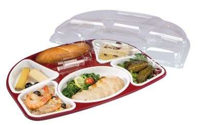 Image de KIT PLATEAU REPAS 7 COMPARTIMENTS ROUGE/BLANC COLIS x30